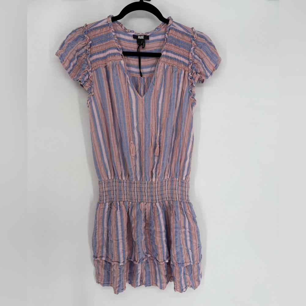 PAIGE Cristina Dress Pink and Blue Striped with Smocking and Ruffles Sz. Small